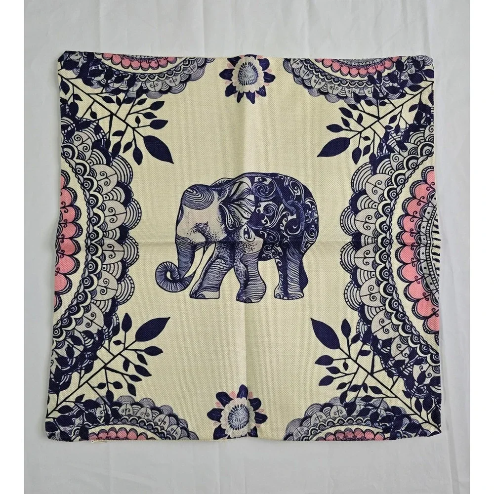 Set of 4 Elephant Throw Pillow Covers 18x18 Watercolor Mandala Boho Linen Blend